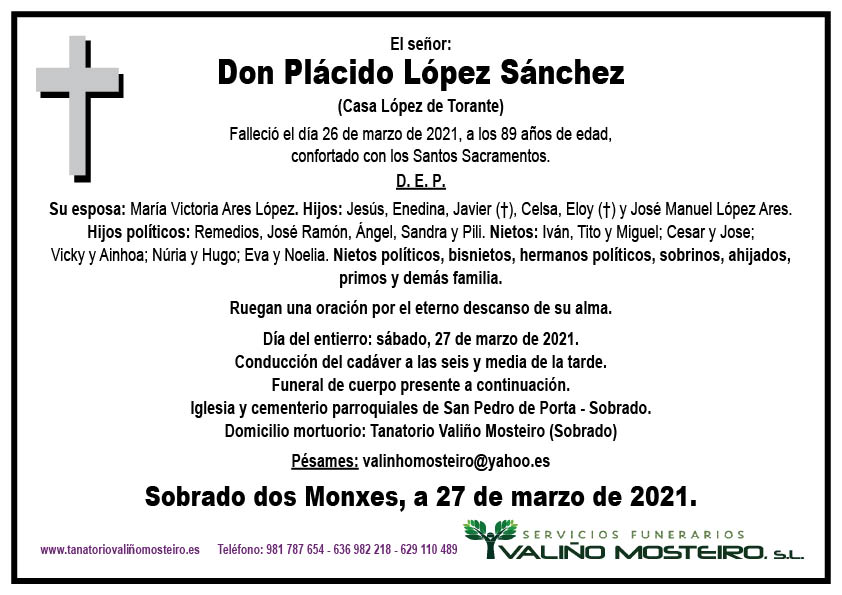 Esquela de Plácido López Sánchez